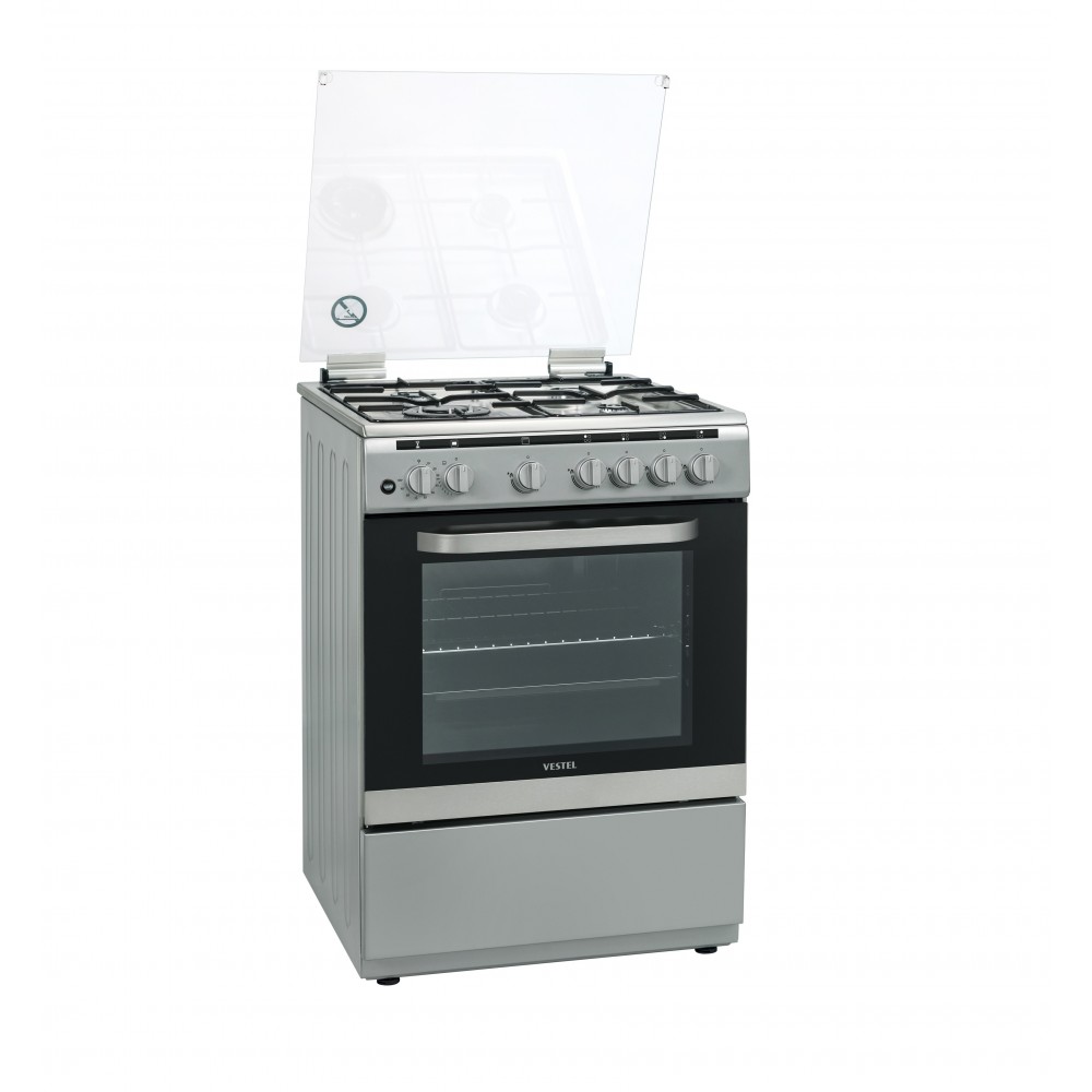 Vestel Gas Cooker/ 4 Burner / 60X60 / Enamel / Full Safety / Steel - (FG6P4089NX)