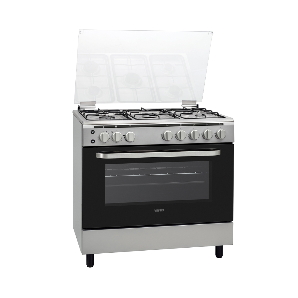 Vestel Gas Cooker/ 5 Burner / 60X90 / Enamel / Full Safety / Steel - (FG9E5086NX)