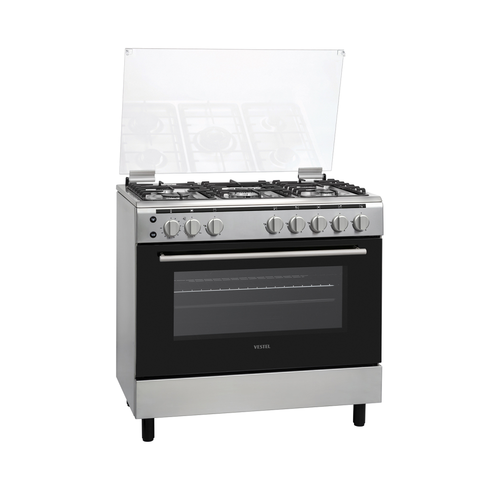 Vestel Gas Cooker/ 5 Burner / 60X90 / Enamel / Full Safety / Heavy Grid / Steel - (FG9P5086NX)