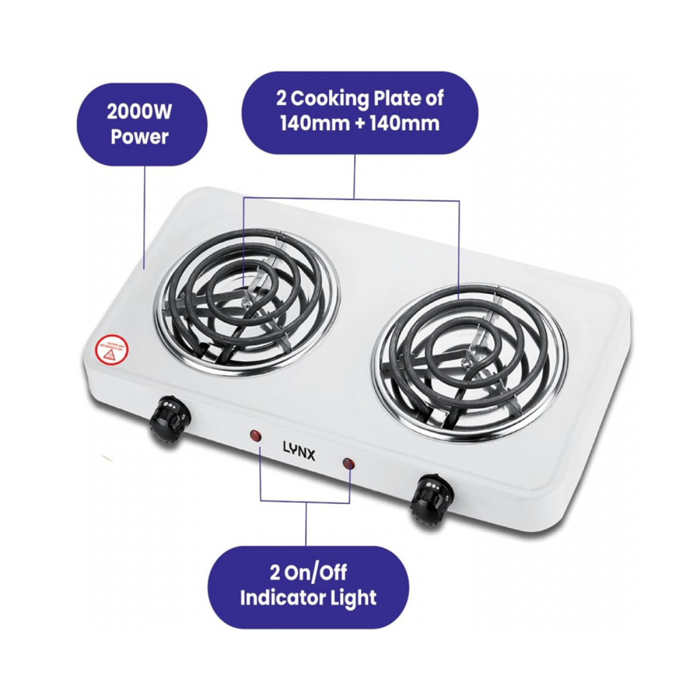 Linx spiral electric hot plate/ two burners /Stainless steel / overheat protection / 2000W / White - (LYHP6016)