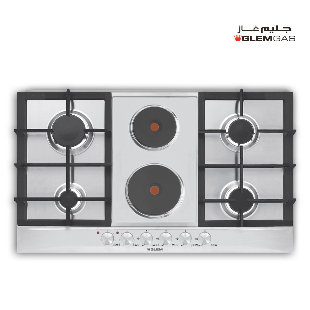 GlemGas Builtin Gas+Electric Hob/90cm/4 Burner + 2 Hotplate/Cast iron Grids - (P9FVCGI)