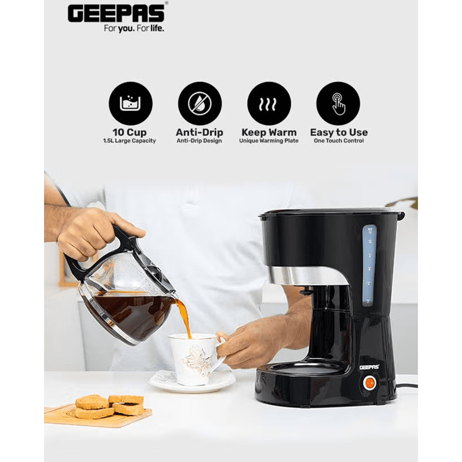 Gebas Coffee Maker, 1.5L, 2-10 cups, 850W, Black - (GCM6103)