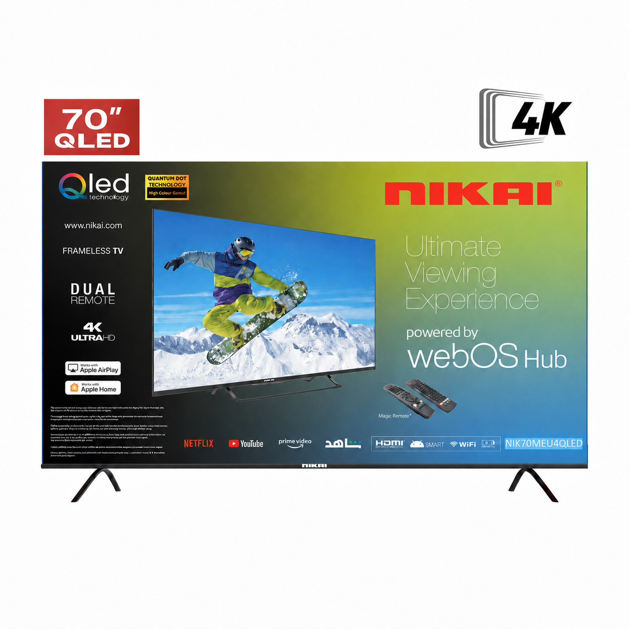 (NIK70MEU4QLED) - شاشة نيكاي 70بوصة كيوليد , ويب او اس , سمارت , تصميم إطار نحيف , 2يو اس بي , 3 اتش دي ام اي